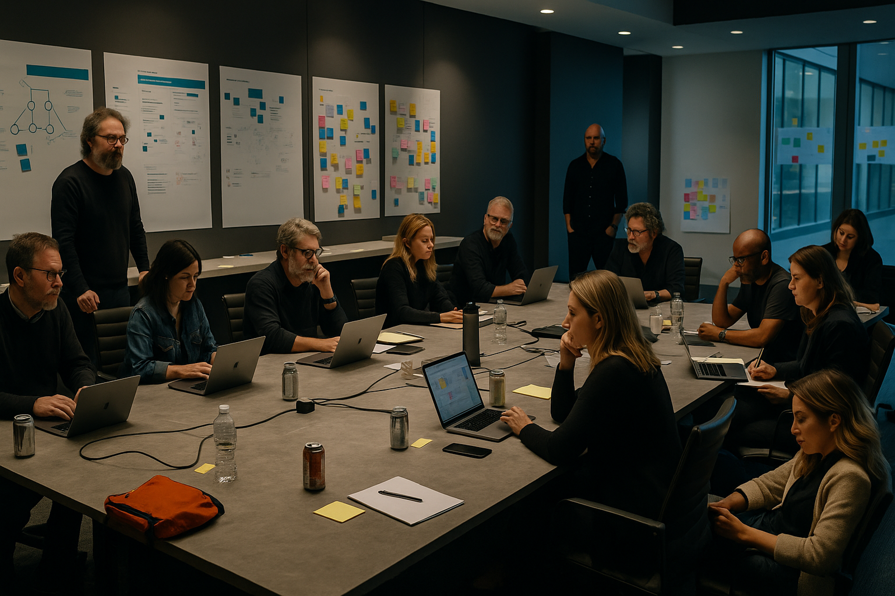 A team of professionals collaborating in a workshop.